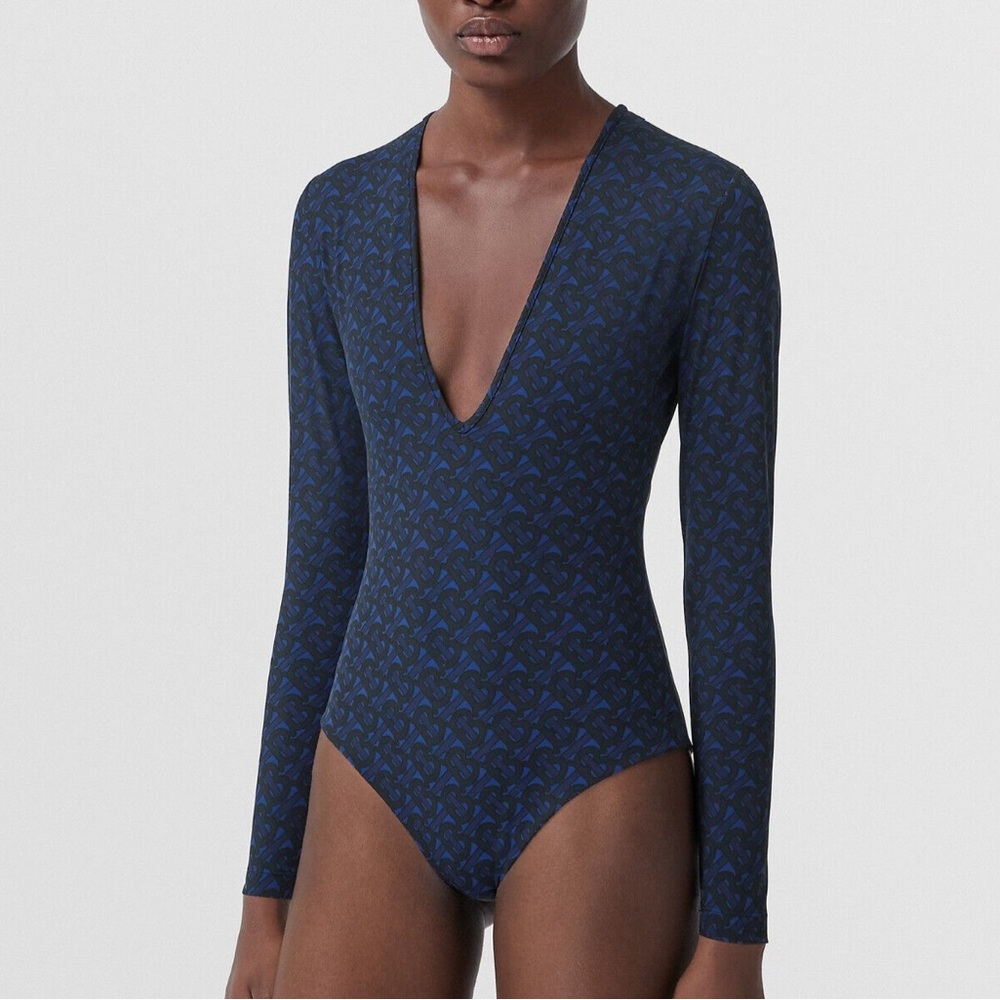 Seen Naomi Campbell- Authentic BURBERRY  TB Monogram Print Long-Sleeve Bodysuit